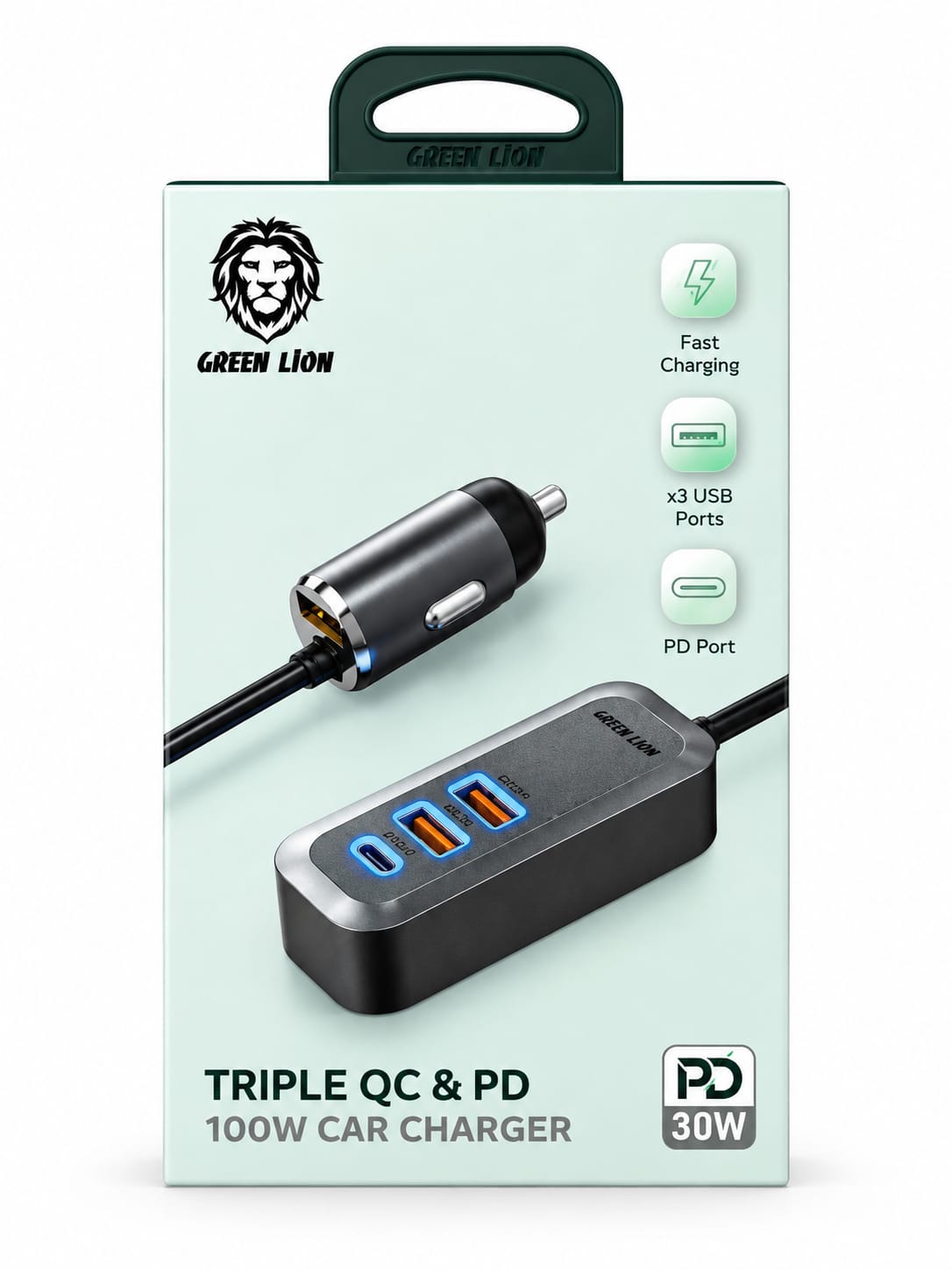 638f0d9a-7d40-4c1f-9a2e-e0a4de312640 Green Lion Triple QC & PD 100W Car Charger - شاحن سيارة جرين ليون ثلاثي QC وPD بقدرة 100 واط - الصورة 1