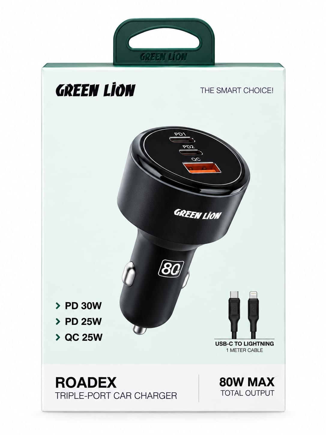 6c657a36-3a8f-4770-ac27-36189c259e84 Green Lion Roadex 80W Triple-Port Car Charger - شاحن سيارة جرين ليون رودكس بثلاثة منافذ - Image 1